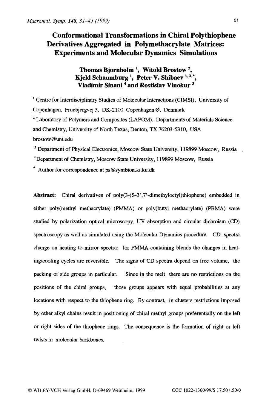 Conformational transformations in chiral polythiophene derivatives aggregated in polymethacrylate matrices: Experiments and molecular dynamics simulations by Unknown