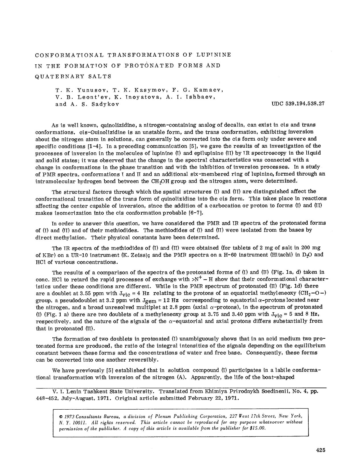 Conformational transformations of lupinine in the formation of protonated forms and quaternary salts by Unknown