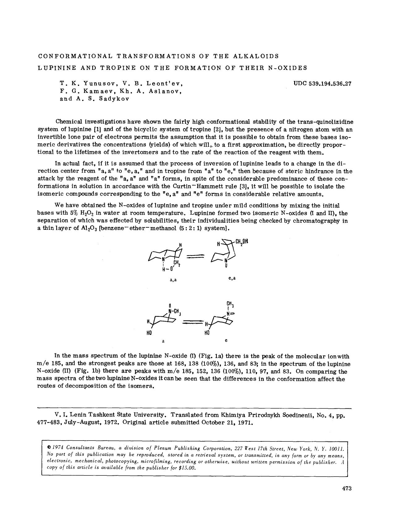 Conformational transformations of the alkaloids lupinine and tropine on the formation of their N-oxides by Unknown