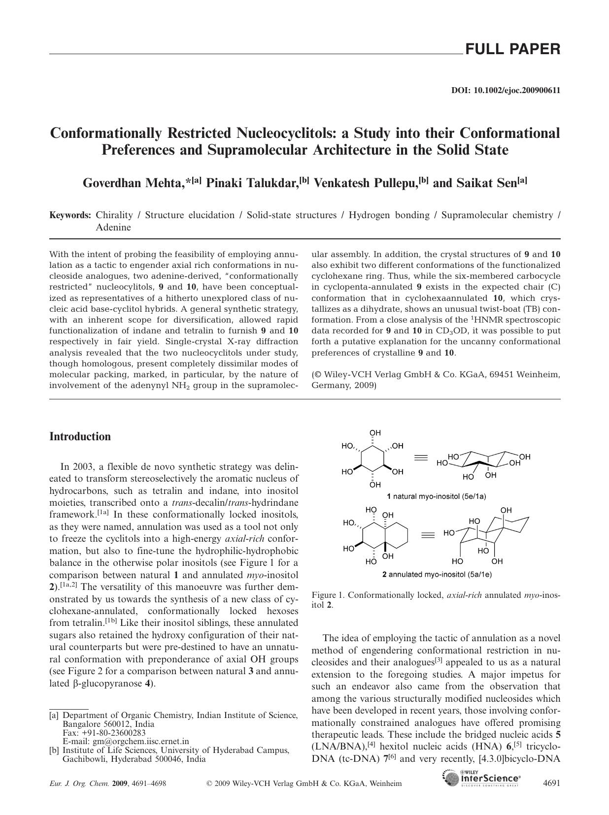 Conformationally Restricted Nucleocyclitols: a Study into their Conformational Preferences and Supramolecular Architecture in the Solid State by Unknown