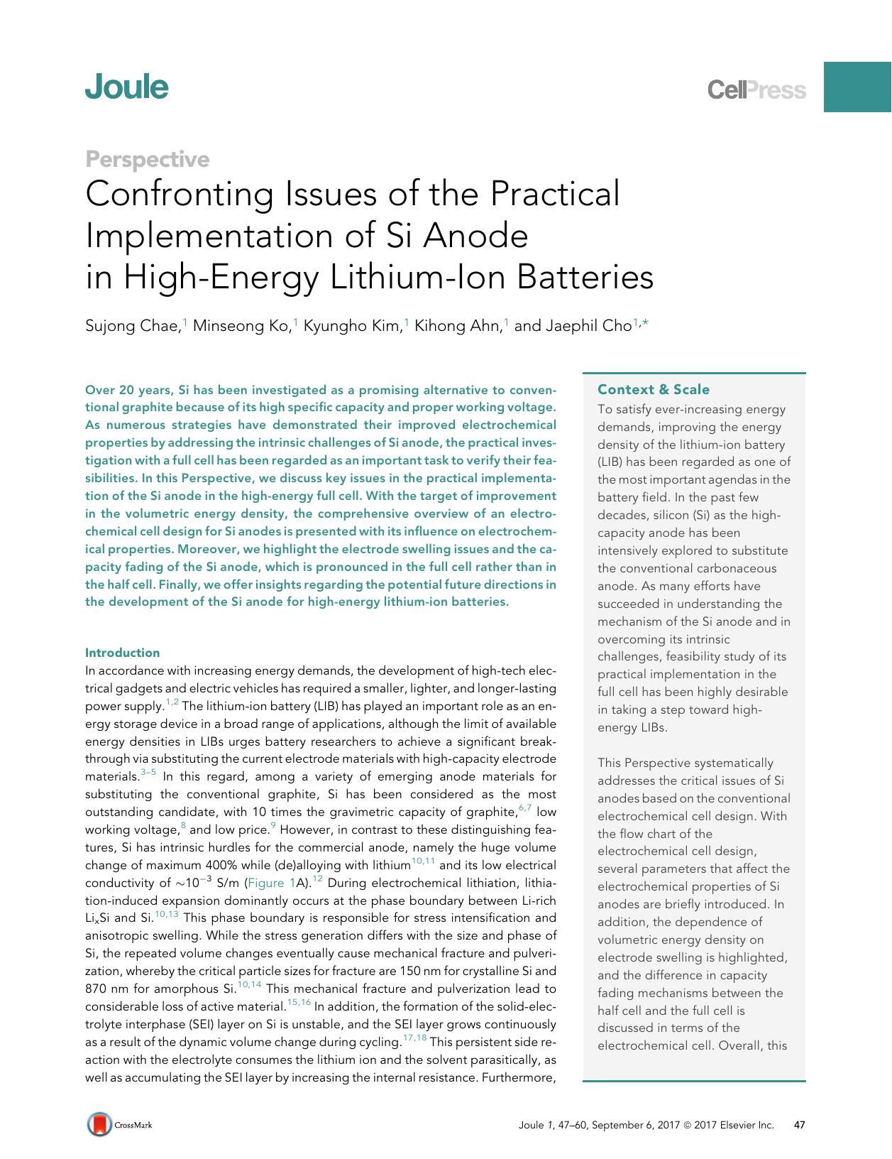 Confronting Issues of the Practical Implementation of Si Anode in High-Energy Lithium-Ion Batteries by Sujong Chae & Minseong Ko & Kyungho Kim & Kihong Ahn & Jaephil Cho