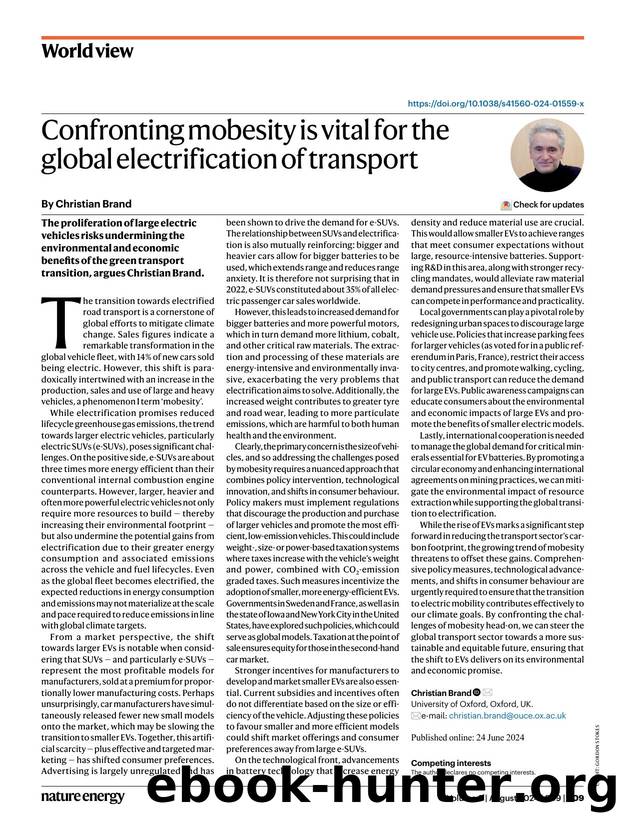 Confronting mobesity is vital for the global electrification of transport by Christian Brand