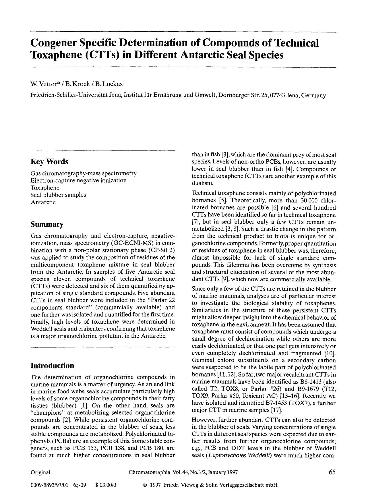 Congener specific determination of compounds of technical toxaphene (CTTs) in different antarctic seal species by Unknown
