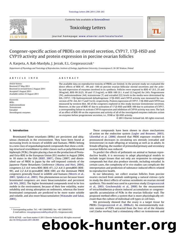 Congener-specific action of PBDEs on steroid secretion, CYP17, 17ÃÂ²-HSD and CYP19 activity and protein expression in porcine ovarian follicles by A. Karpeta