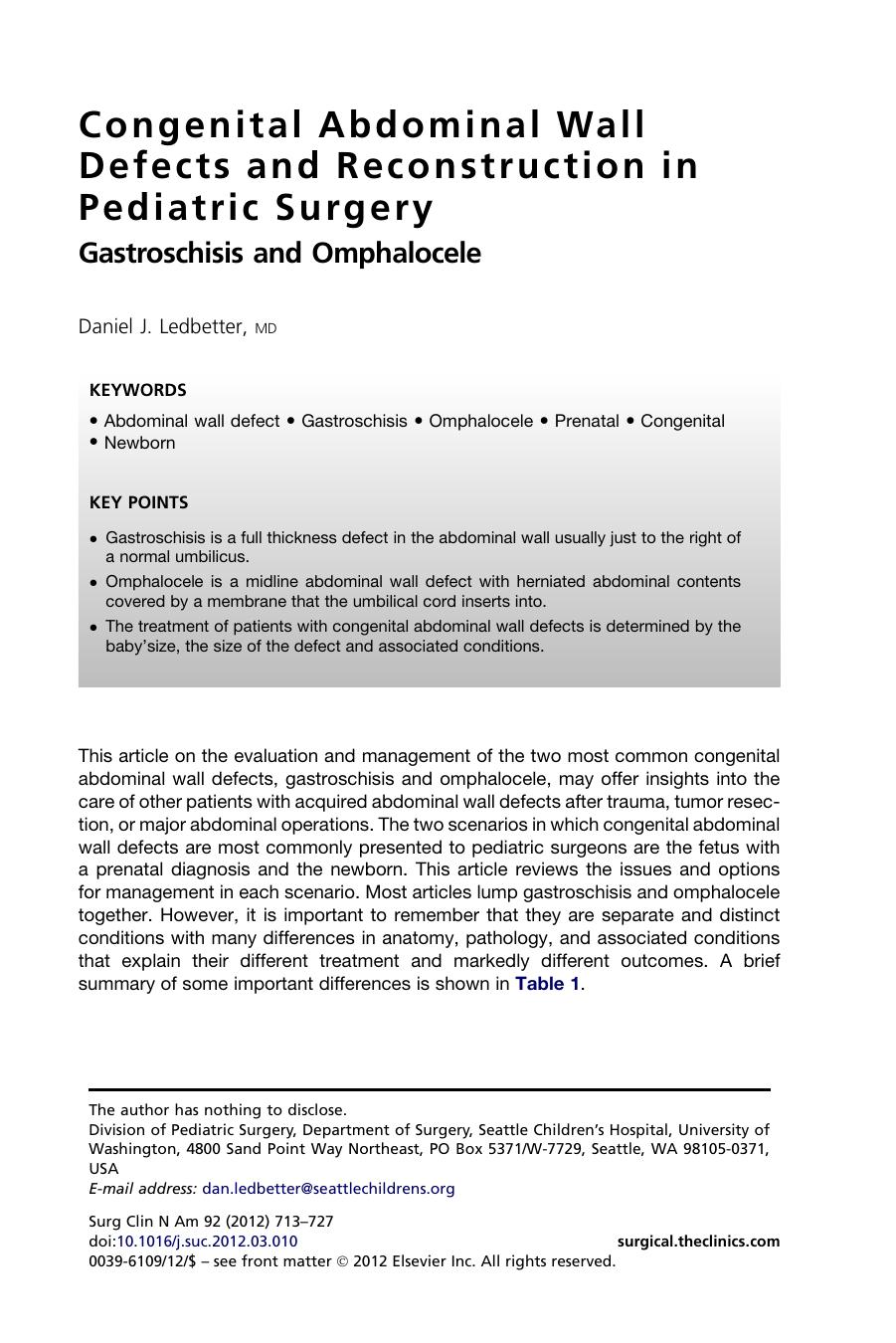 Congenital Abdominal Wall Defects and Reconstruction in Pediatric Surgery by Daniel J. Ledbetter MD