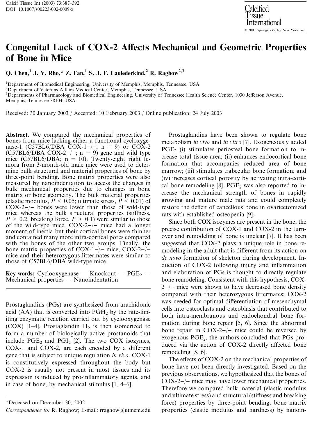 Congenital Lack of COX-2 Affects Mechanical and Geometric Properties of Bone in Mice by Chen Q. et al