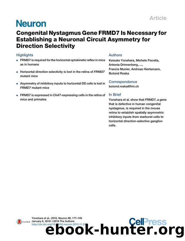 Congenital Nystagmus Gene FRMD7 Is Necessary for Establishing a Neuronal Circuit Asymmetry for Direction Selectivity by unknow