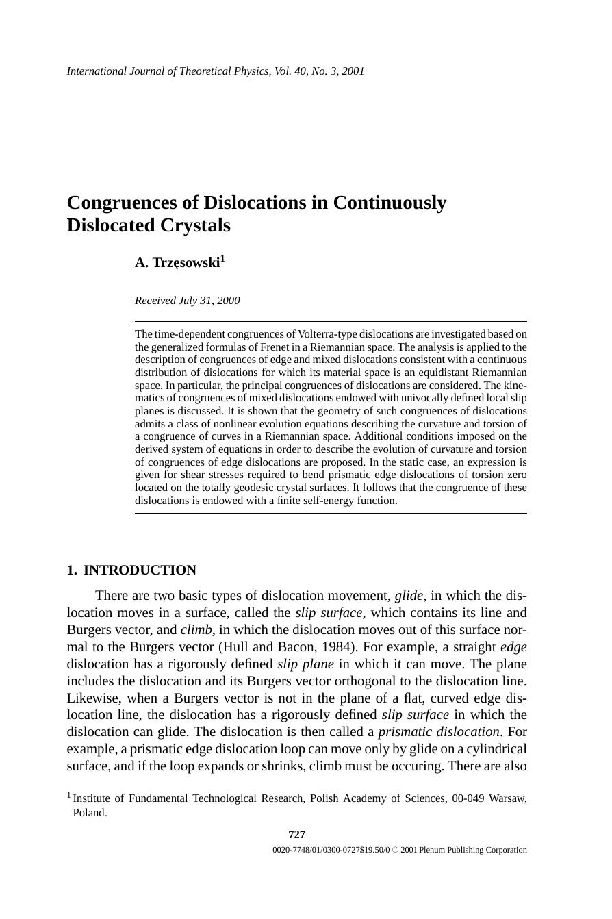 Congruences of Dislocations in Continuously Dislocated Crystals by Unknown