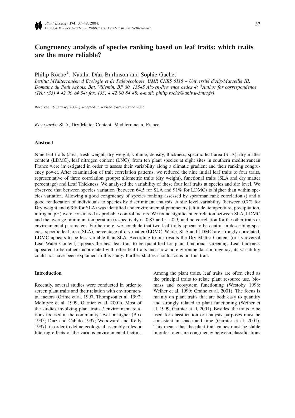 Congruency analysis of species ranking based on leaf traits: which traits are the more reliable? by Unknown