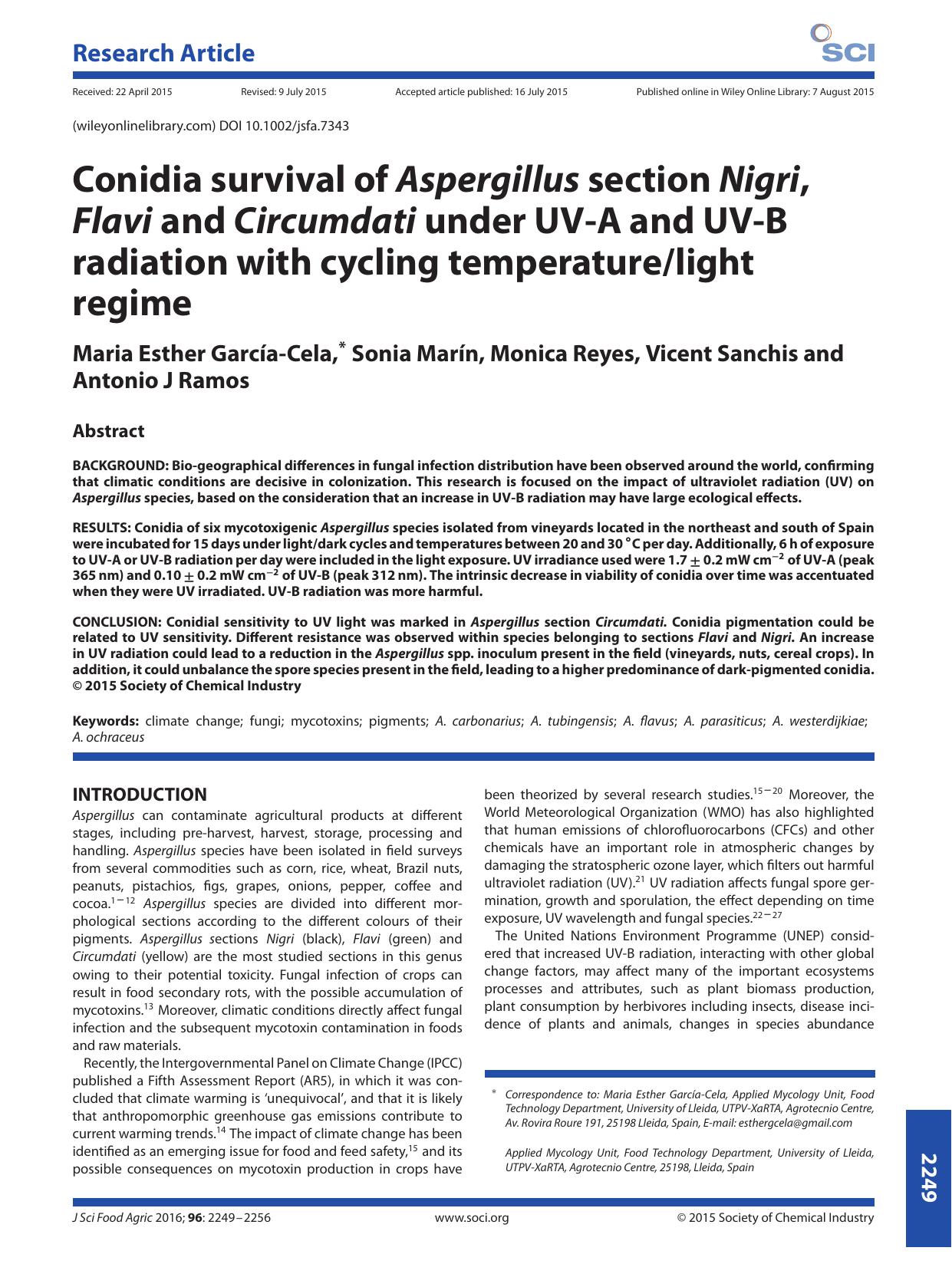 Conidia survival of Aspergillus section Nigri, Flavi and Circumdati under UV-A and UV-B radiation with cycling temperaturelight regime by Unknown