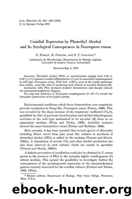 Conidial repression by phenethyl alcohol and its serological consequences in <Emphasis Type="Italic">Neurospora crassa<Emphasis> by Unknown
