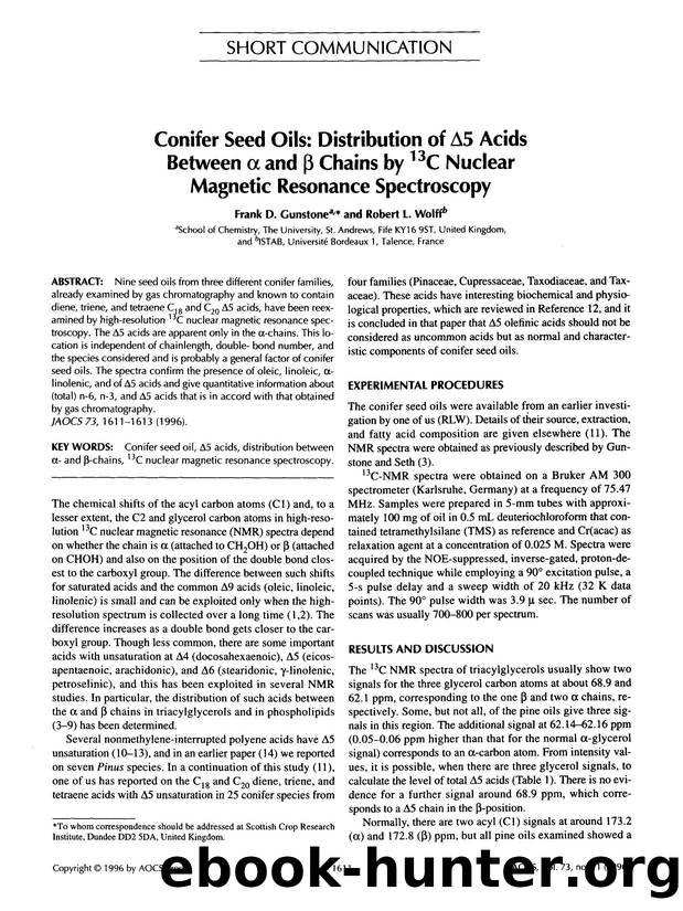 Conifer seed oils: Distribution of &#x0394;5 acids between &#x03B1; and &#x03B2; chains by<Superscript>13<Superscript>C nuclear magnetic resonance spectroscopy by Unknown
