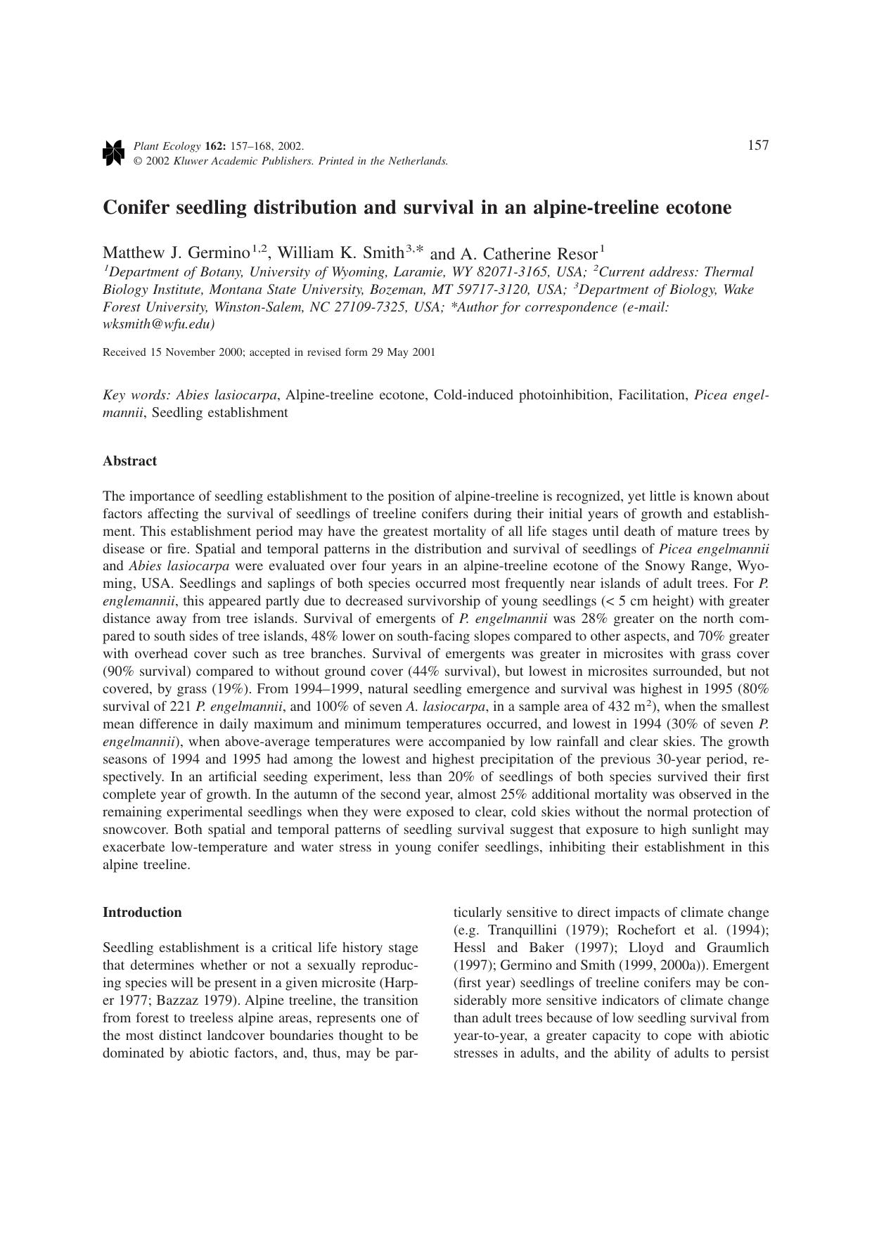 Conifer seedling distribution and survival in an alpine-treeline ecotone by Unknown