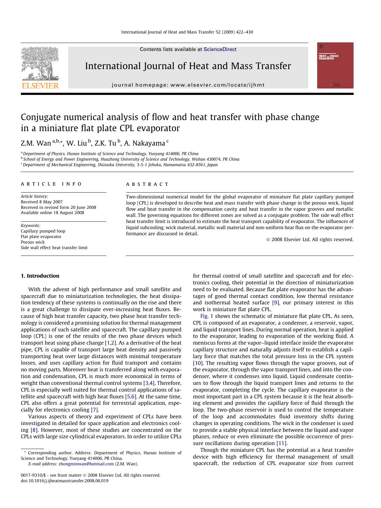 Conjugate numerical analysis of flow and heat transfer with phase change in a miniature flat plate CPL evaporator by Z.M. Wan; W. Liu; Z.K. Tu; A. Nakayama