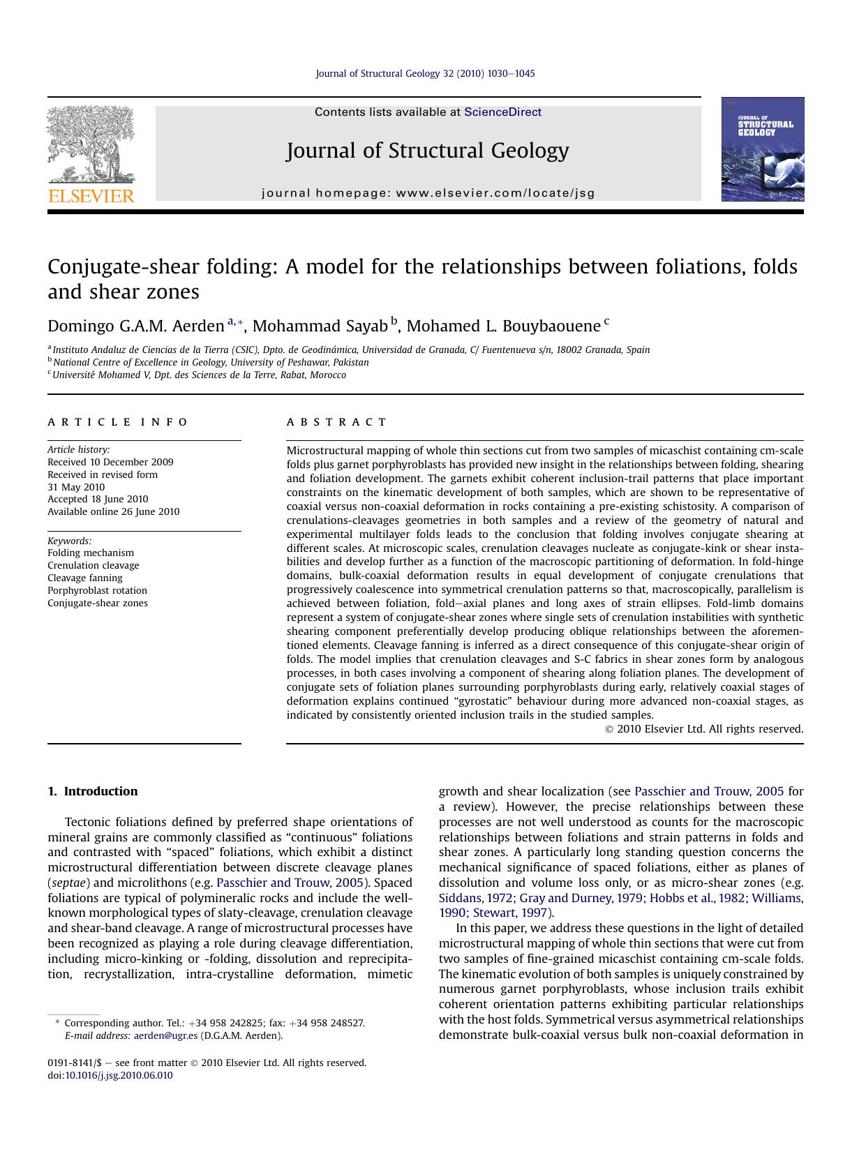 Conjugate-shear folding: A model for the relationships between foliations, folds and shear zones by Domingo G.A.M. Aerden & Mohammad Sayab & Mohamed L. Bouybaouene