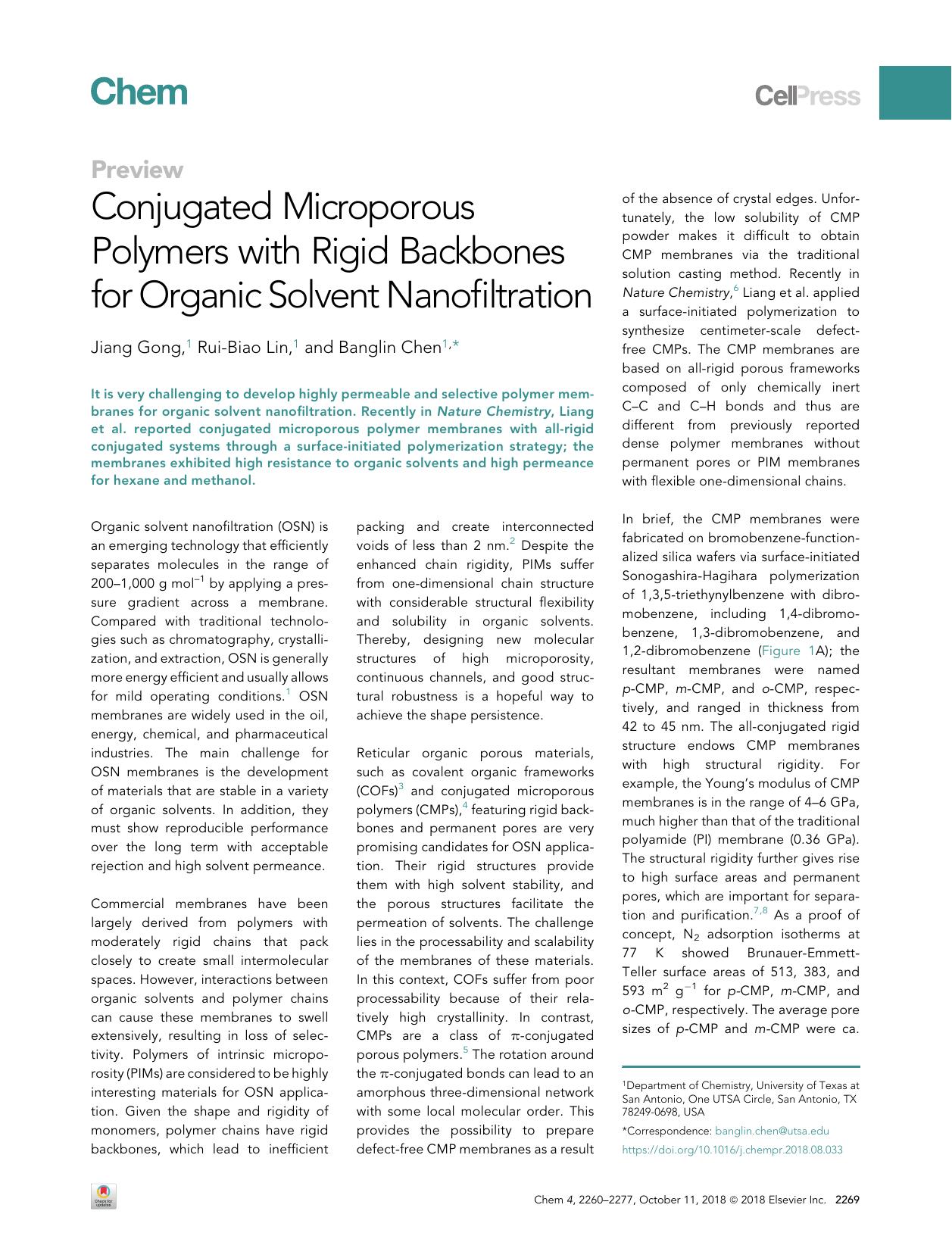 Conjugated Microporous Polymers with Rigid Backbones for Organic Solvent Nanofiltration by Jiang Gong