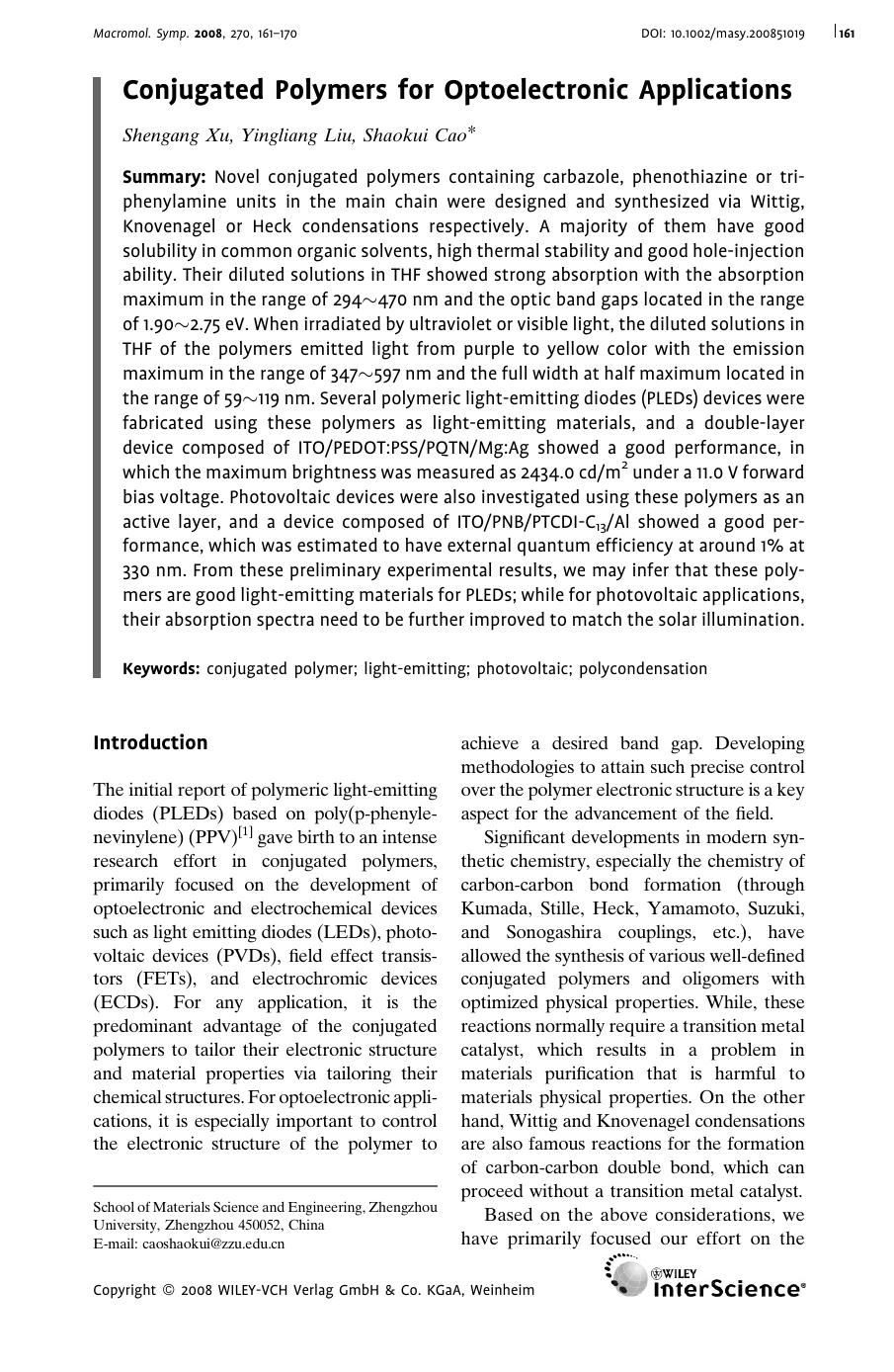 Conjugated Polymers for Optoelectronic Applications by Unknown