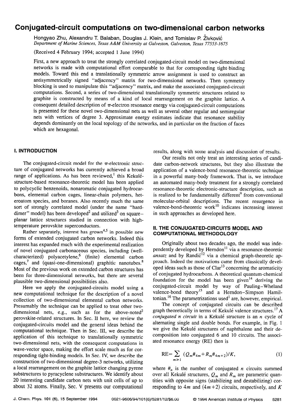 Conjugated-circuit computations on two-dimensional carbon networks by Hongyao Zhu; Alexandru T. Balaban; Douglas J. Klein; Tomislav P. Zivkovic