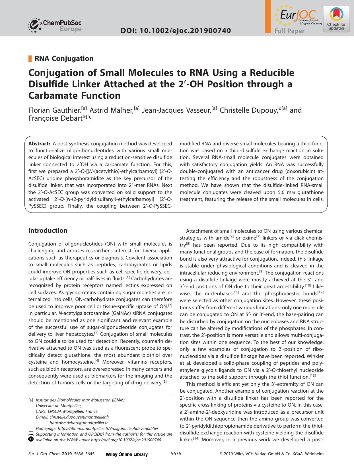 Conjugation of Small Molecules to RNA Using a Reducible Disulfide Linker Attached at the 2′‐OH Position through a Carbamate Function by Unknown