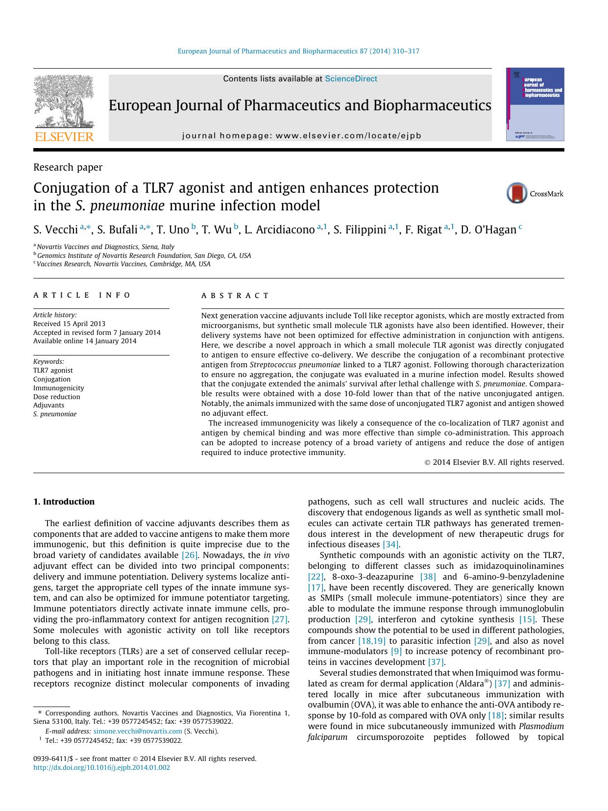 Conjugation of a TLR7 agonist and antigen enhances protection in the S. pneumoniae murine infection model by S. Vecchi & S. Bufali & T. Uno & T. Wu & L. Arcidiacono & S. Filippini & F. Rigat & D. O’Hagan