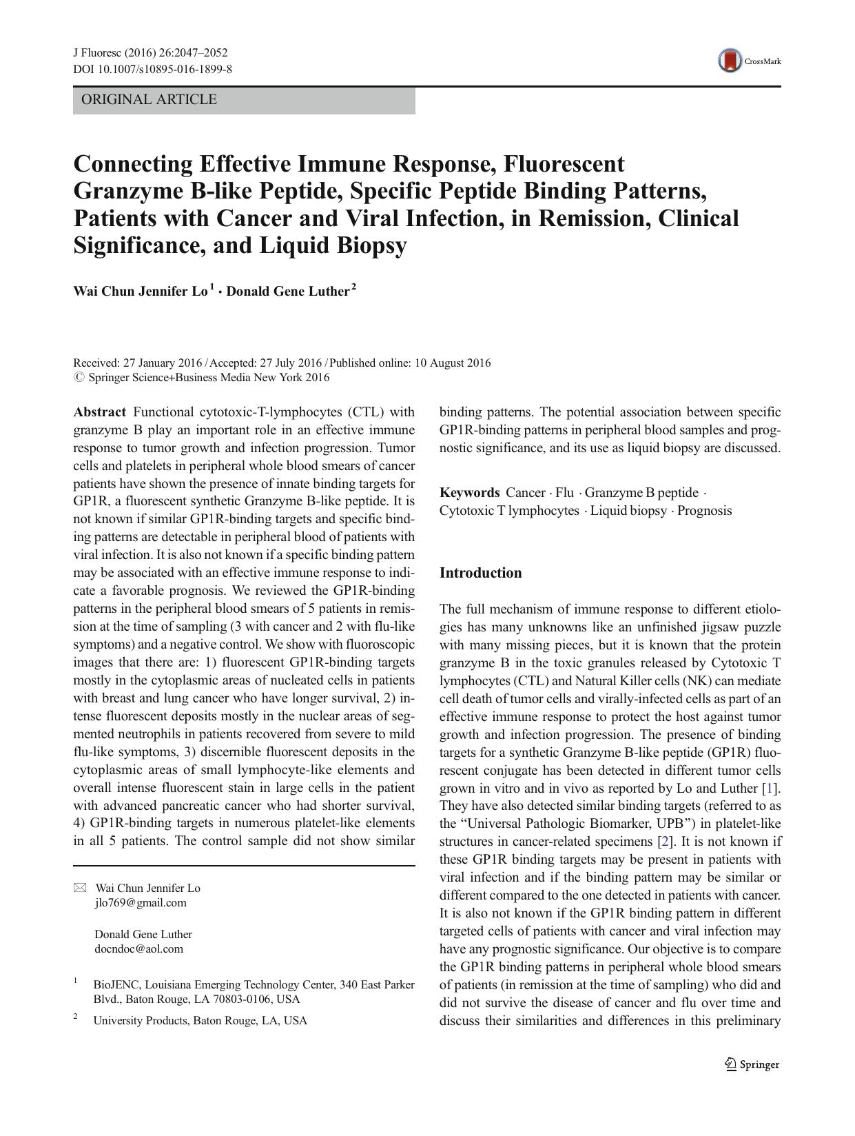 Connecting Effective Immune Response, Fluorescent Granzyme B-like Peptide, Specific Peptide Binding Patterns, Patients with Cancer and Viral Infection, in Remission, Clinical Signi by Wai Chun Jennifer Lo & Donald Gene Luther