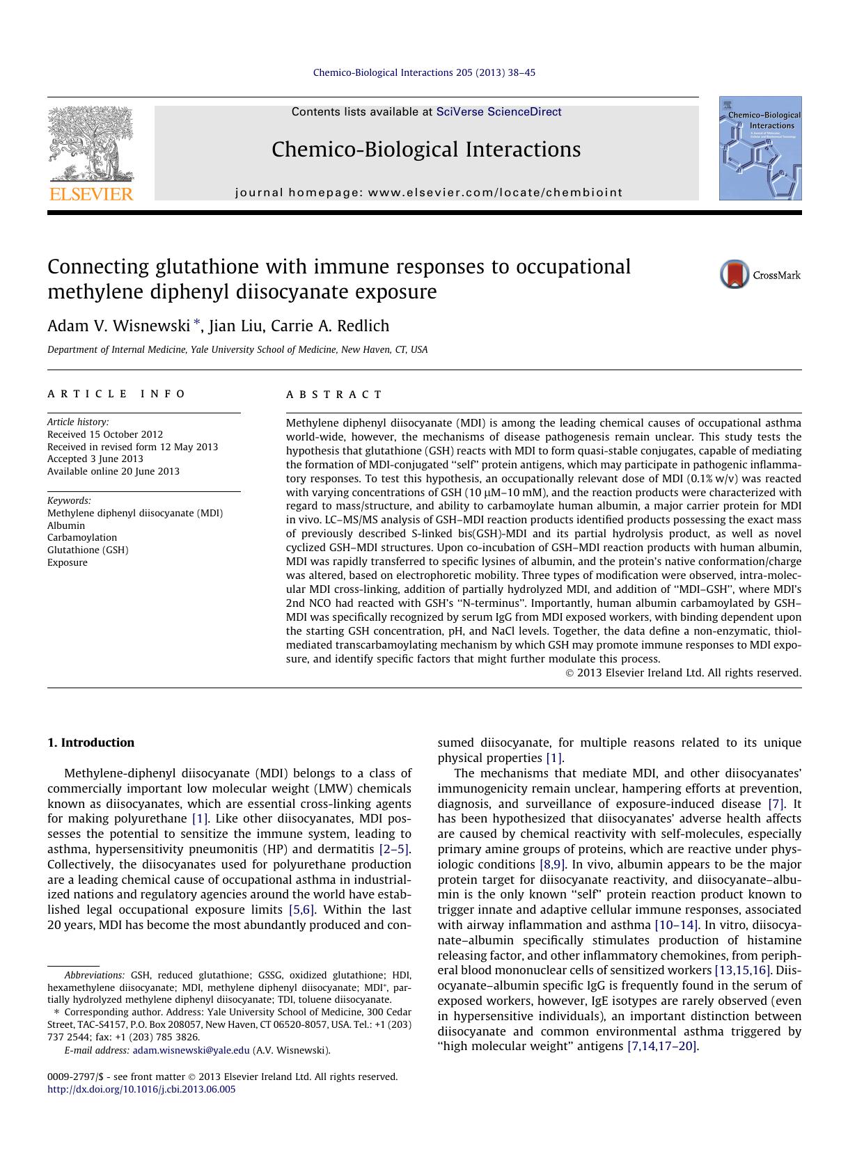 Connecting glutathione with immune responses to occupational methylene diphenyl diisocyanate exposure by Adam V. Wisnewski & Jian Liu & Carrie A. Redlich