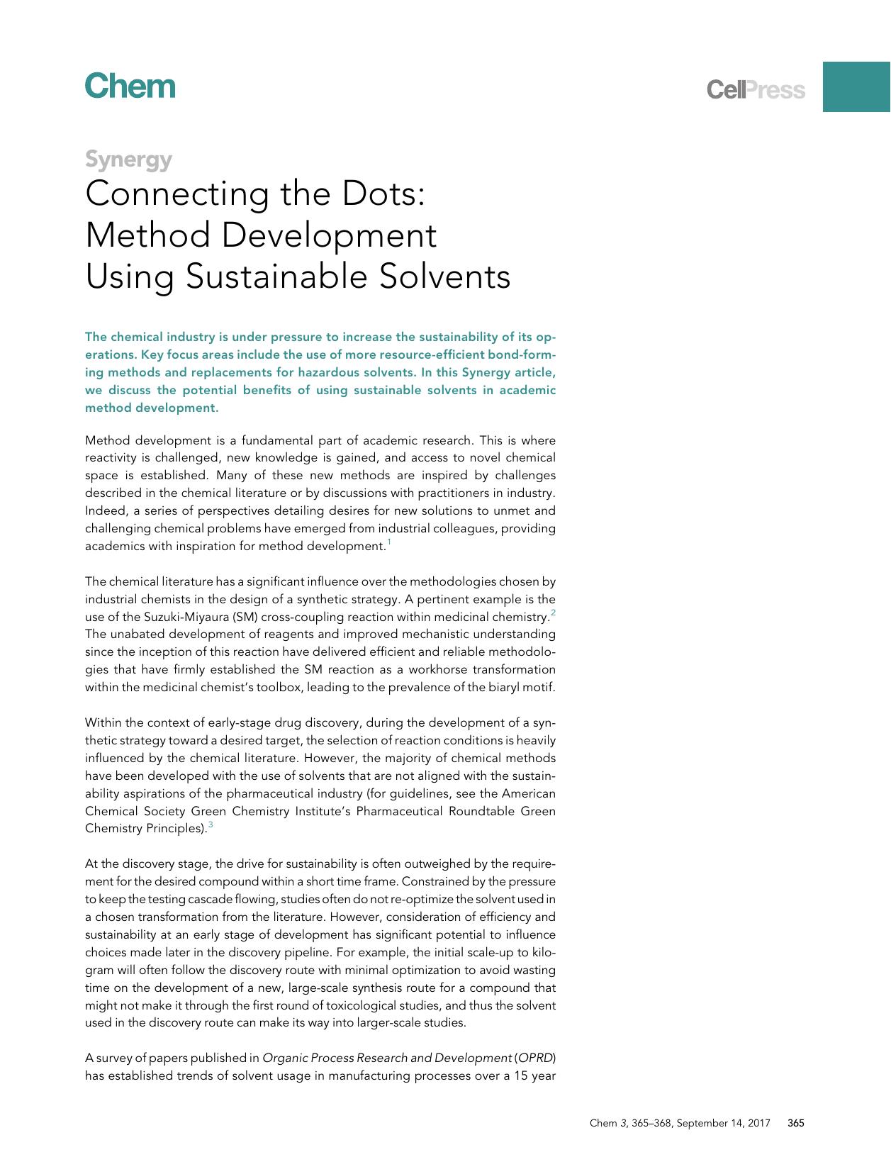 Connecting the Dots: Method Development Using Sustainable Solvents by Kirsty L. Wilson & Jane Murray & Helen F. Sneddon & Katherine M.P. Wheelhouse & Allan J.B. Watson
