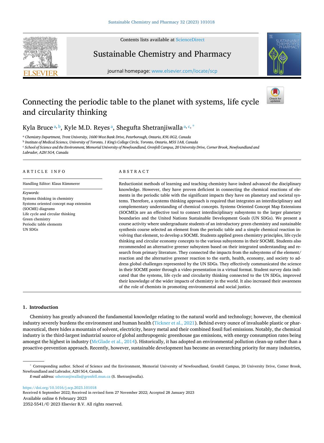Connecting the periodic table to the planet with systems, life cycle and circularity thinking by Kyla Bruce & Kyle M.D. Reyes & Shegufta Shetranjiwalla