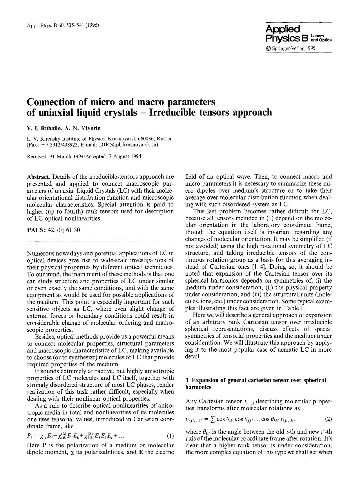 Connection of micro and macro parameters of uniaxial liquid crystals - irreducible tensors approach by Unknown