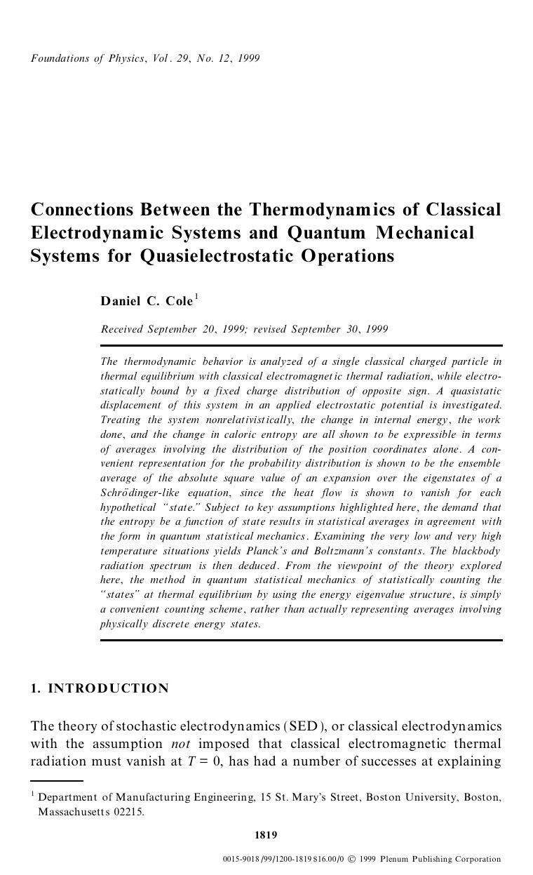 Connections Between the Thermodynamics of Classical Electrodynamic Systems and Quantum Mechanical Systems for Quasielectrostatic Operations by Unknown