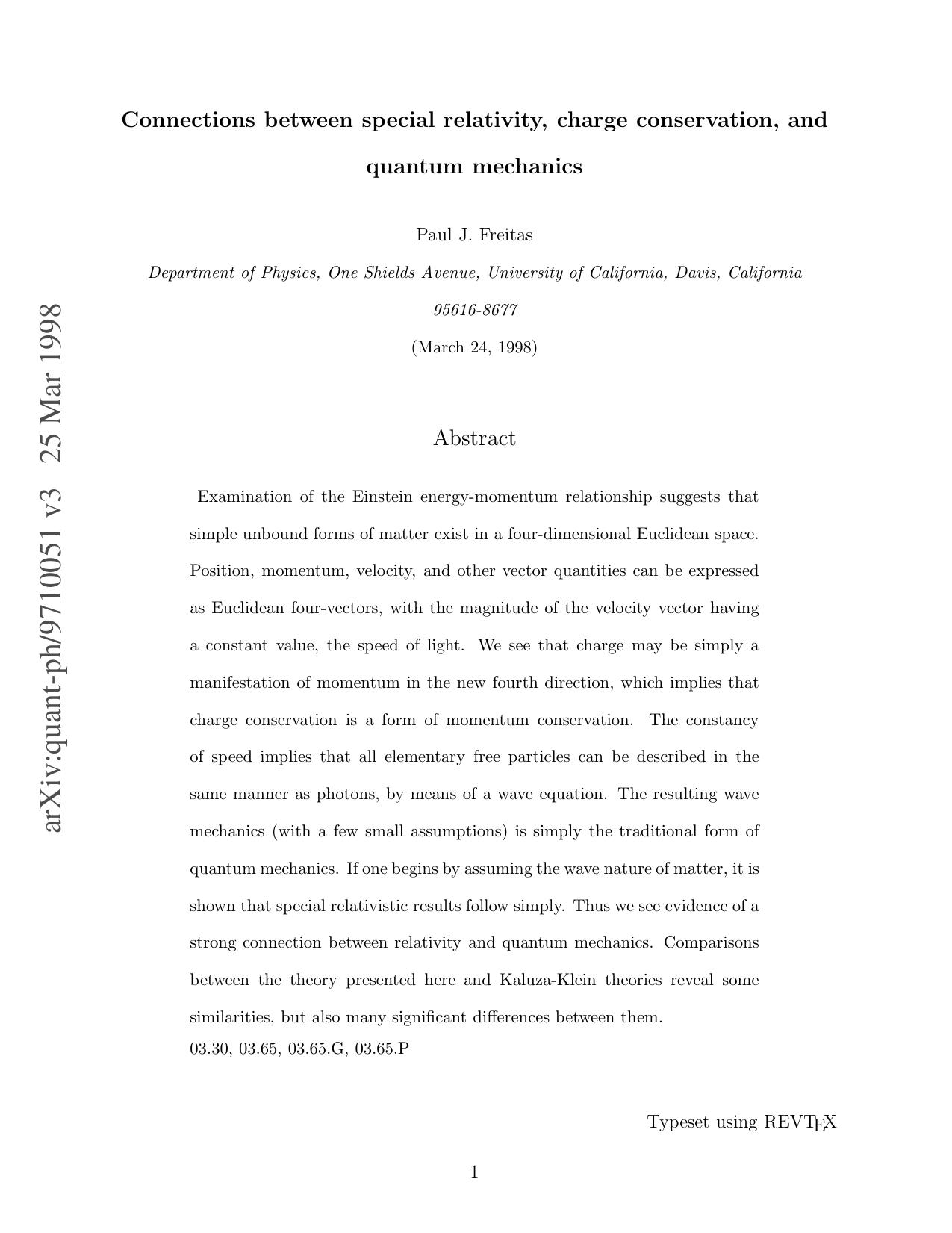 Connections between special relativity, charge conservation, and quantum mechanics by Unknown