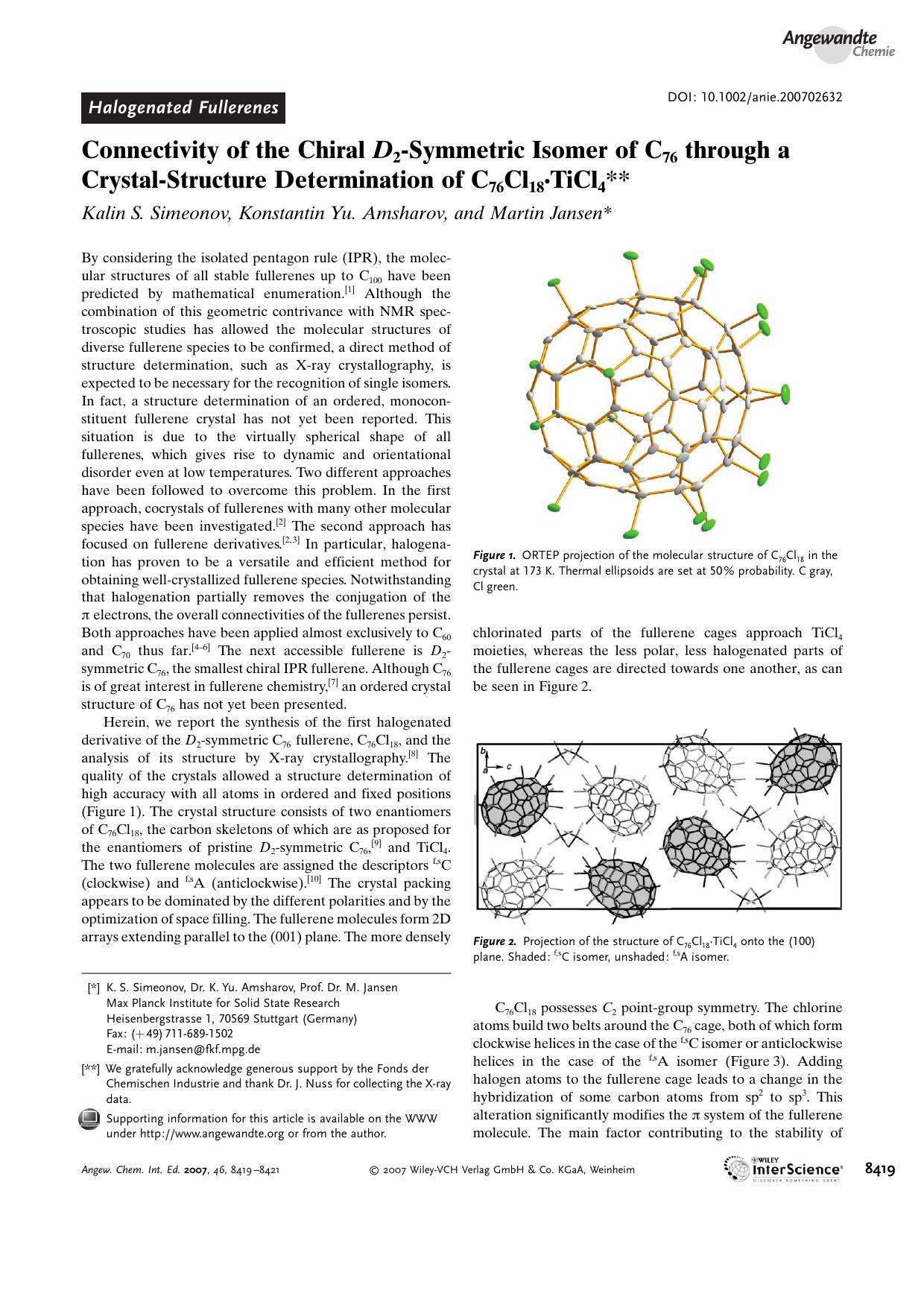 Connectivity of the Chiral D2-Symmetric Isomer of C76 through a Crystal-Structure Determination of C76Cl18[sdot]TiCl4 by Unknown