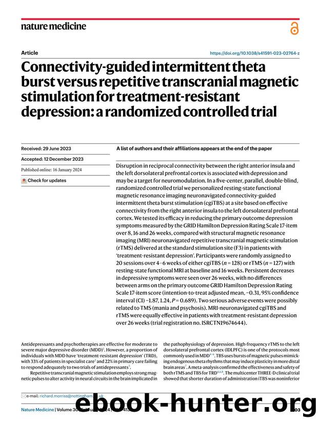 Connectivity-guided intermittent theta burst versus repetitive transcranial magnetic stimulation for treatment-resistant depression: a randomized controlled trial by unknow