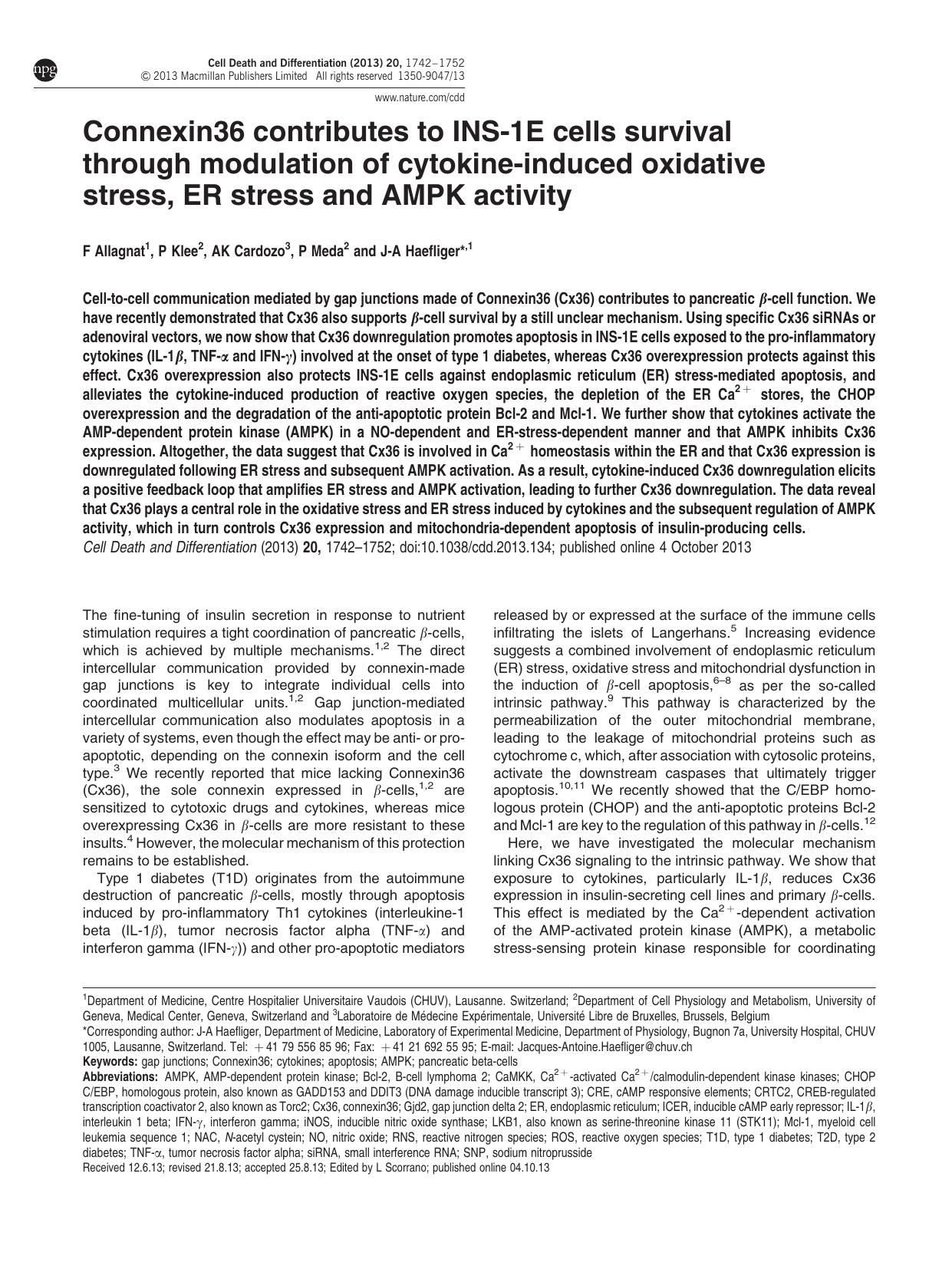 Connexin36 contributes to INS-1E cells survival through modulation of cytokine-induced oxidative stress, ER stress and AMPK activity by F Allagnat & P Klee & A K Cardozo & P Meda & J-A Haefliger