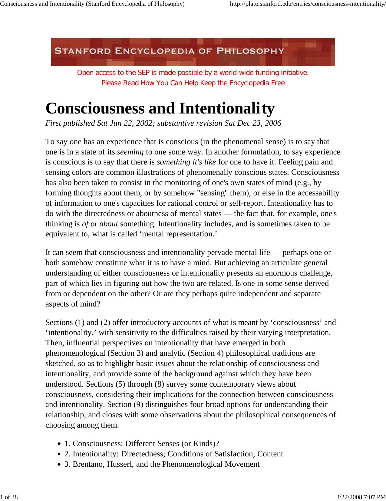 Consciousness and Intentionality (Stanford Encyclopedia of Ph... by Bob Fischer