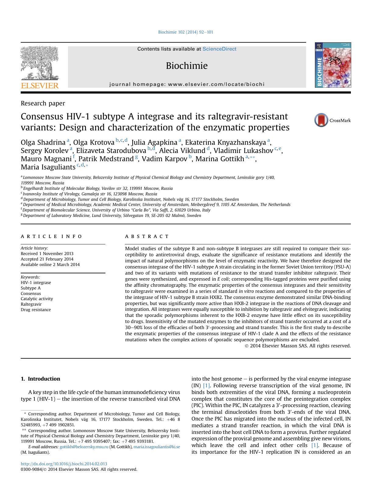 Consensus HIV-1 subtype A integrase and its raltegravir-resistant variants: Design and characterization of the enzymatic properties by unknow