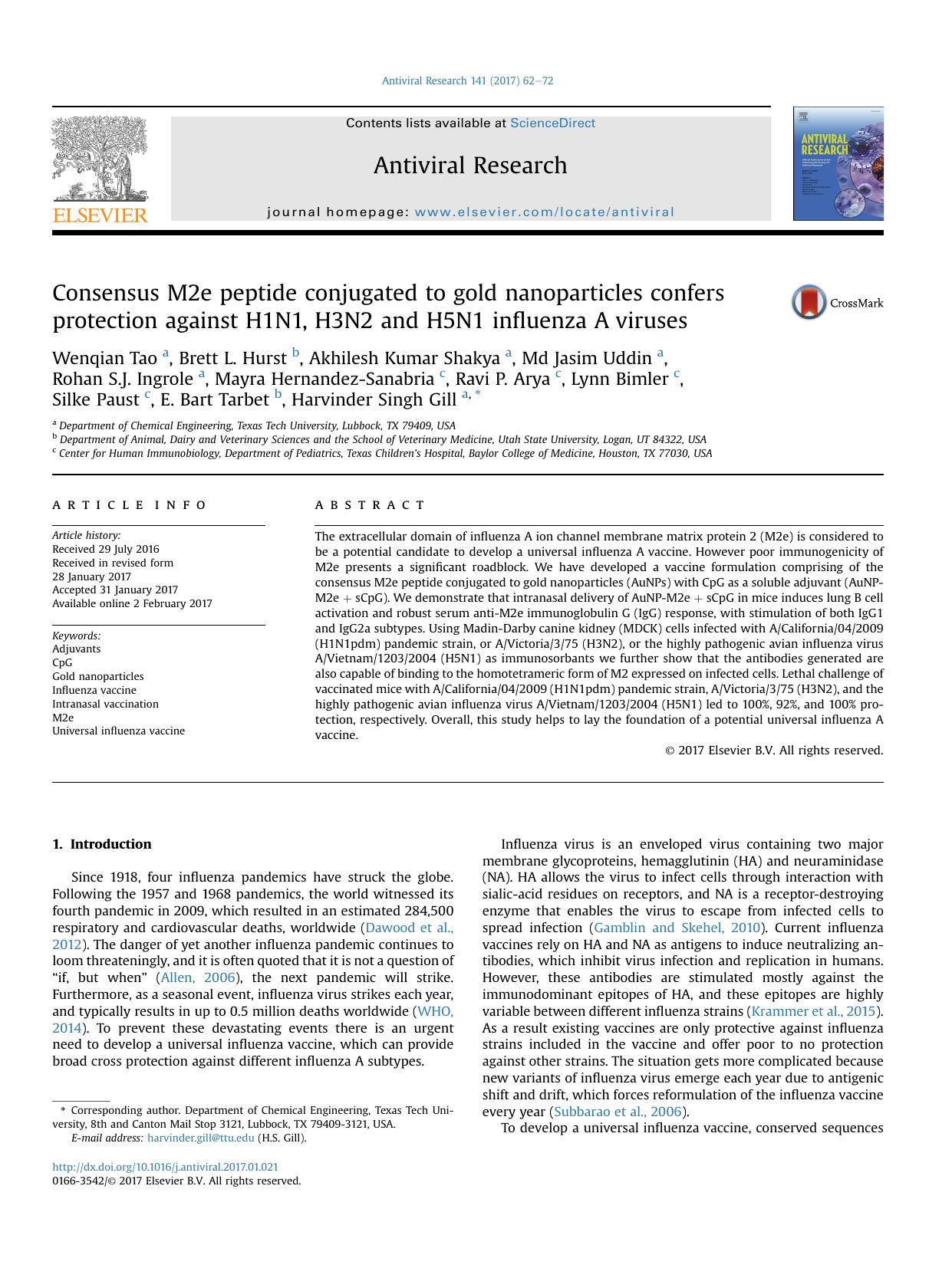 Consensus M2e peptide conjugated to gold nanoparticles confers protection against H1N1, H3N2 and H5N1 influenza A viruses by unknow