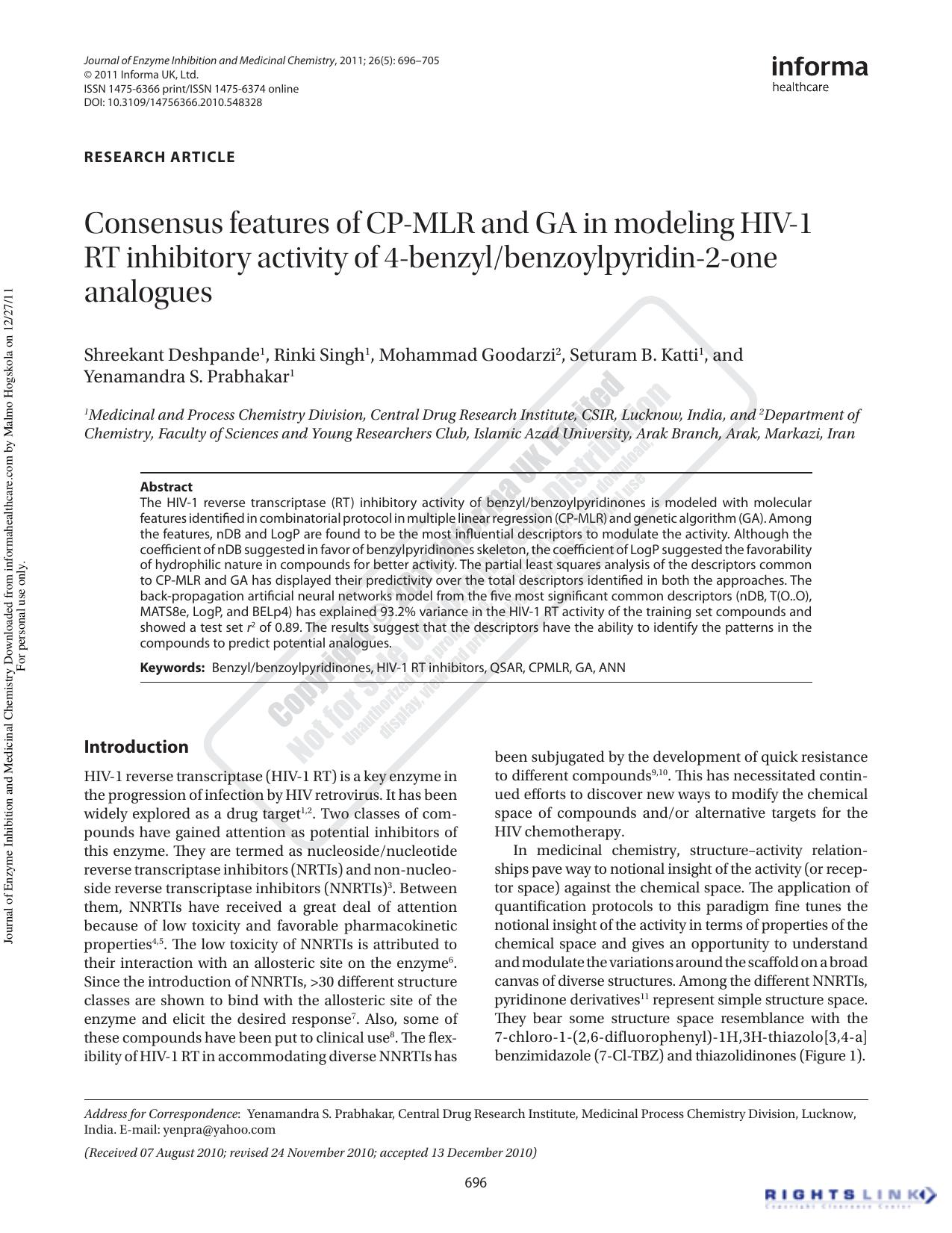 Consensus features of CP-MLR and GA in modeling HIV-1 RT inhibitory activity of 4-benzylbenzoylpyridin-2-one analogues by unknow