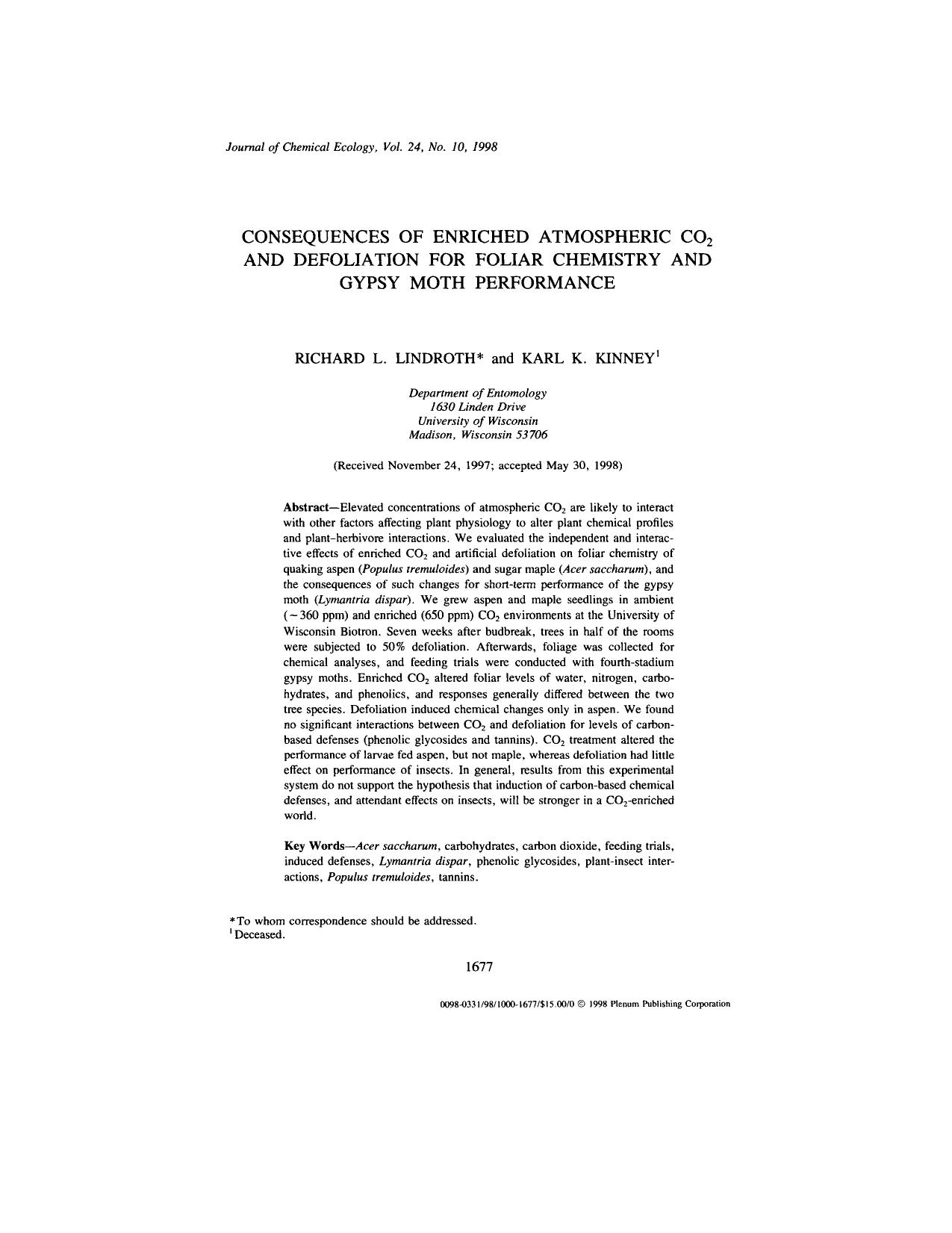 Consequences of Enriched Atmospheric CO<Subscript>2<Subscript> and Defoliation for Foliar Chemistry and Gypsy Moth Performance by Unknown