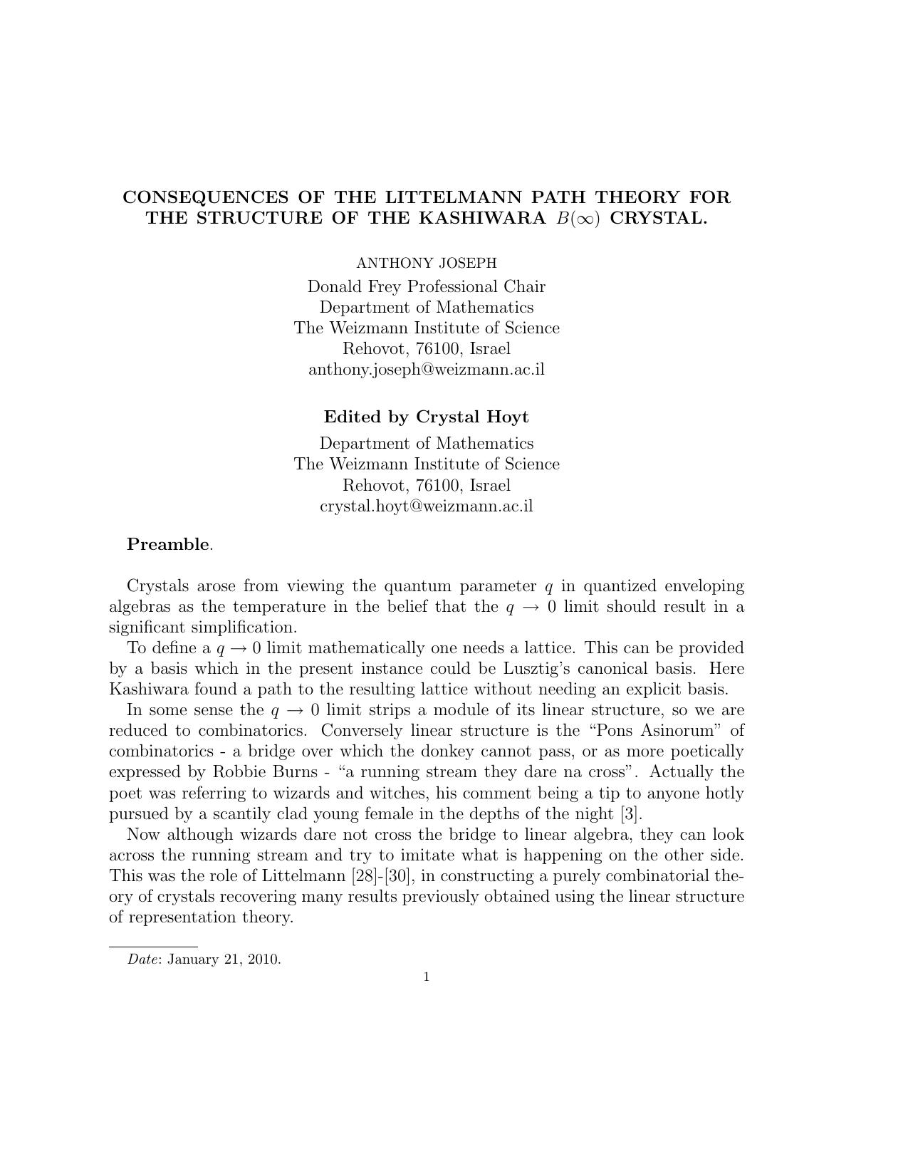 Consequences of the Littelmann path theory for the structure of the Kashiwara B(infinity) crystal [Lecture notes] by Anthony Joseph Crystal Hoyt