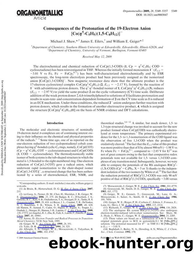 Consequences of the Protonation of the 19-Electron Anion [Co(Î·5-C5H5)(1,5-C8H12)]â by Michael J. Shaw*† James E. Eilers† & William E. Geiger*‡