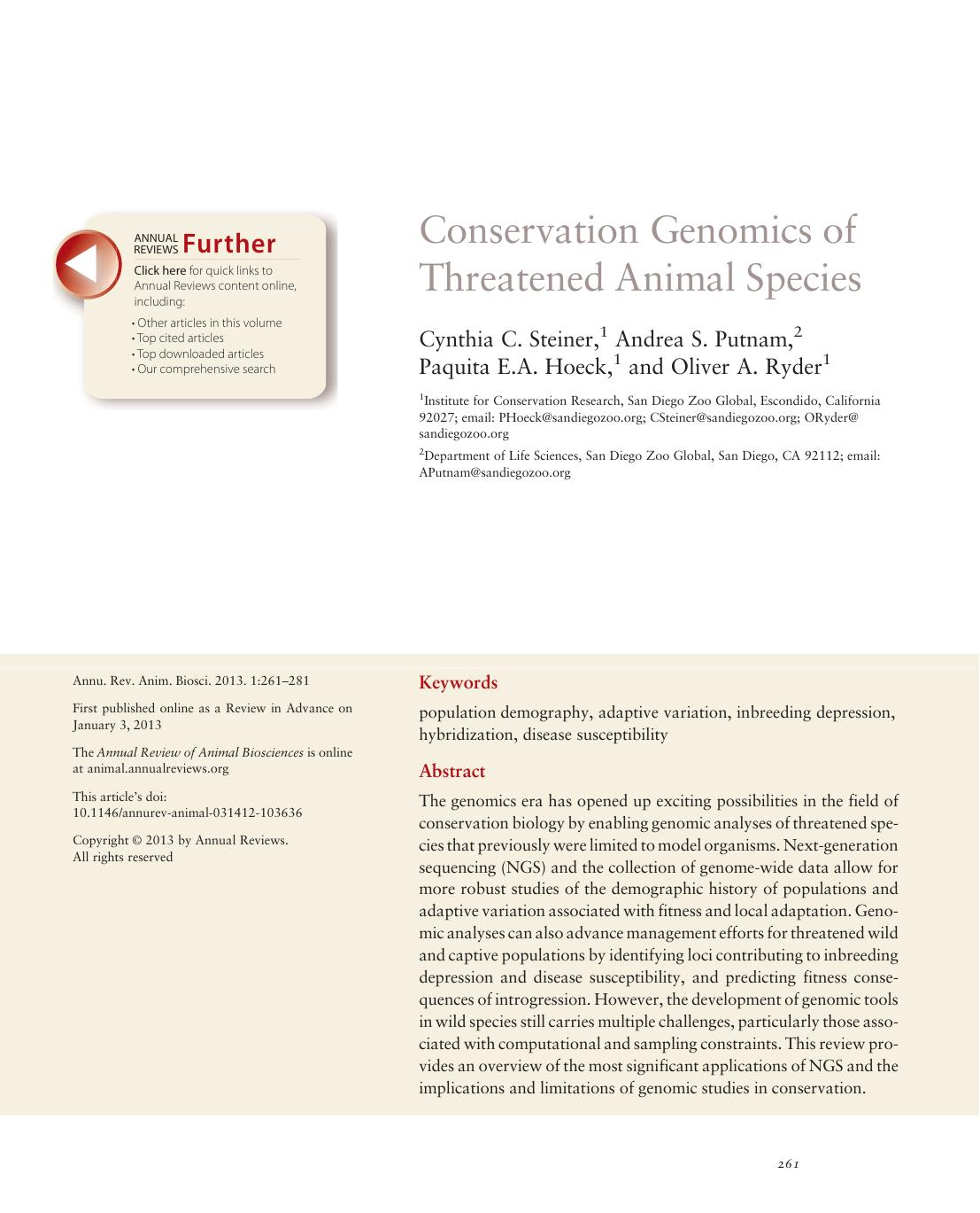 Conservation Genomics of Threatened Animal Species by Cynthia C. Steiner Andrea S. Putnam Paquita E.A. Hoeck and Oliver A. Ryder