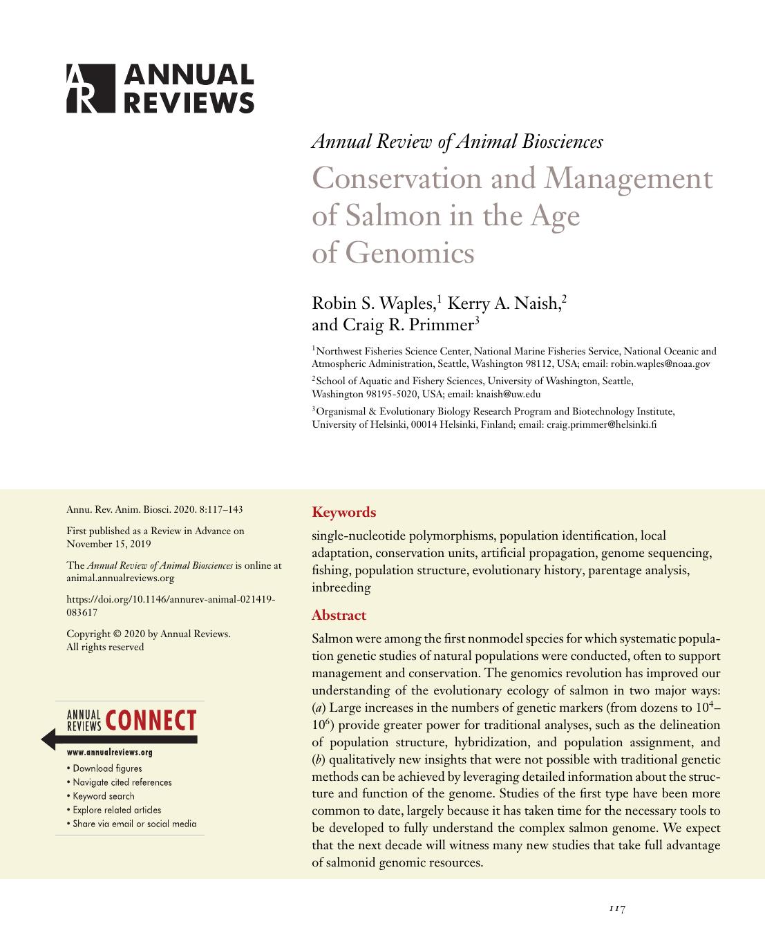 Conservation and Management of Salmon in the Age of Genomics by Robin S. Waples Kerry A. Naish Craig R. Primmer