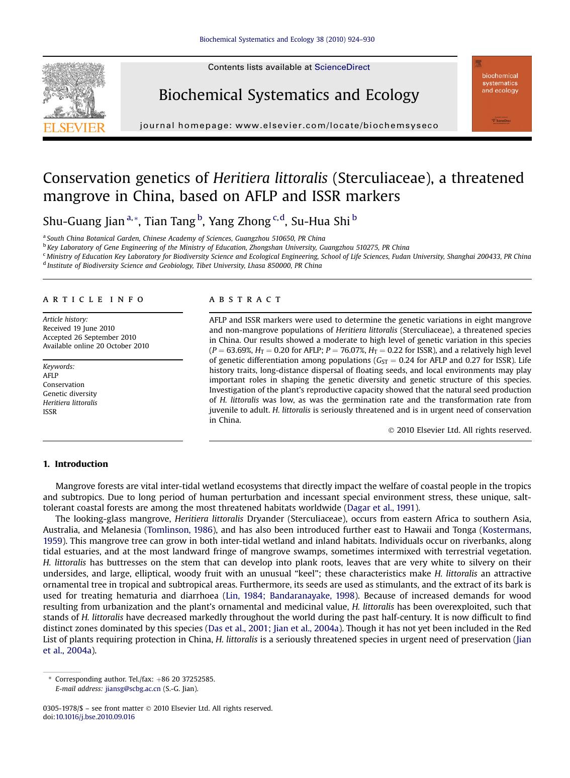 Conservation genetics of Heritiera littoralis (Sterculiaceae), a threatened mangrove in China, based on AFLP and ISSR markers by Shu-Guang Jian & Tian Tang & Yang Zhong & Su-Hua Shi