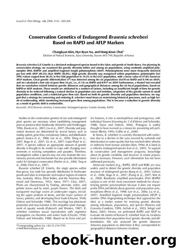 Conservation genetics of endangered <Emphasis Type="Italic">Brasenia schreberi <Emphasis> based on RAPD and AFLP markers by Unknown