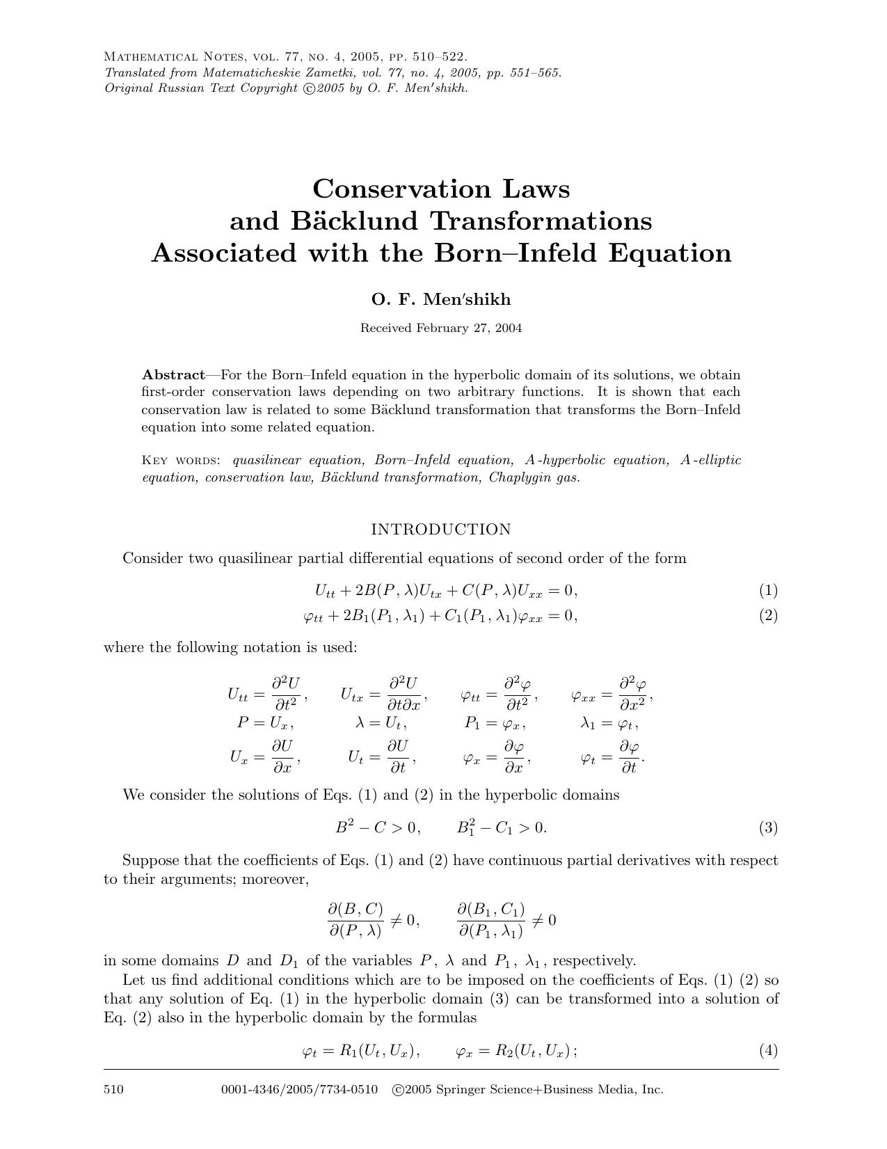 Conservation laws and Bäcklund transformations associated with the Born-Infeld equation by Unknown