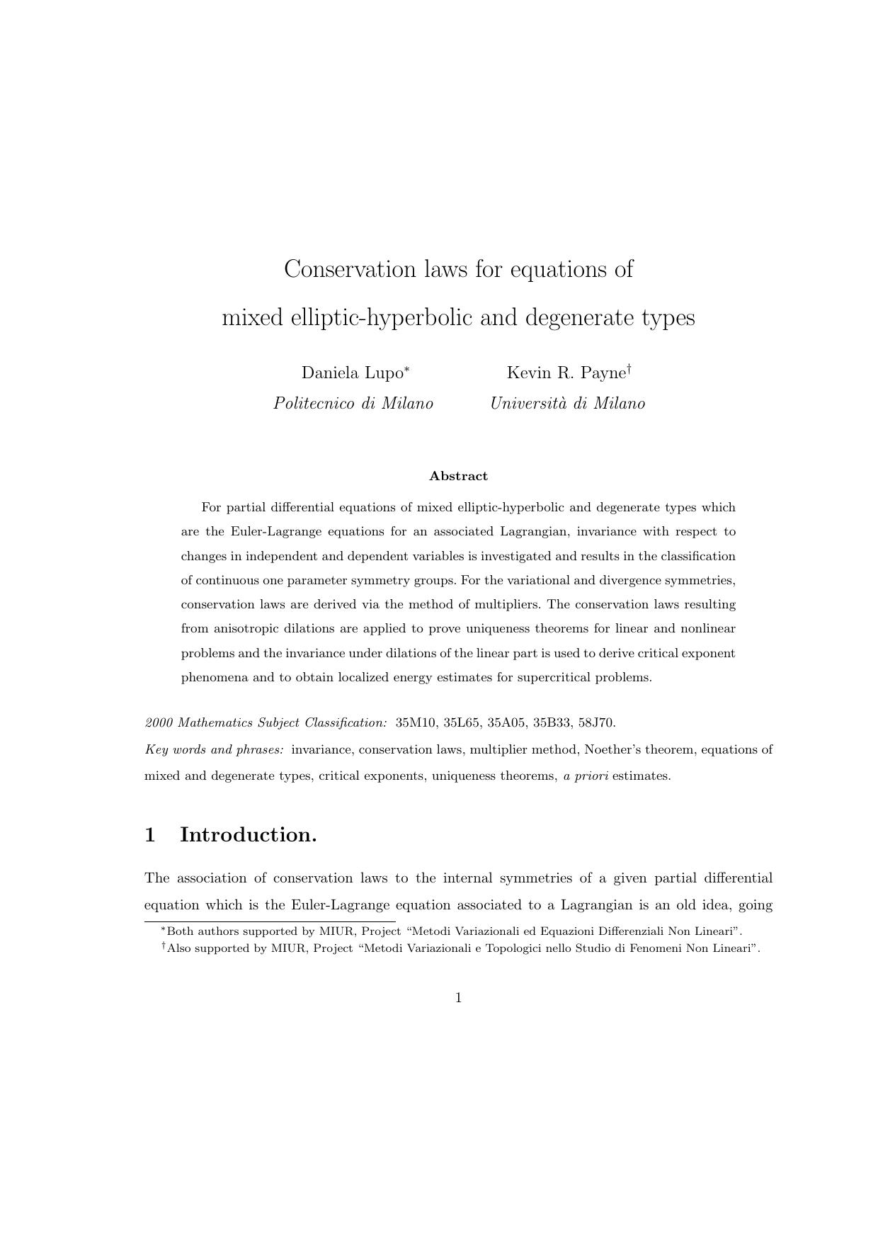 Conservation laws for equations of mixed elliptic-hyperbolic and degenerate types by Lupo D. Payne K.R