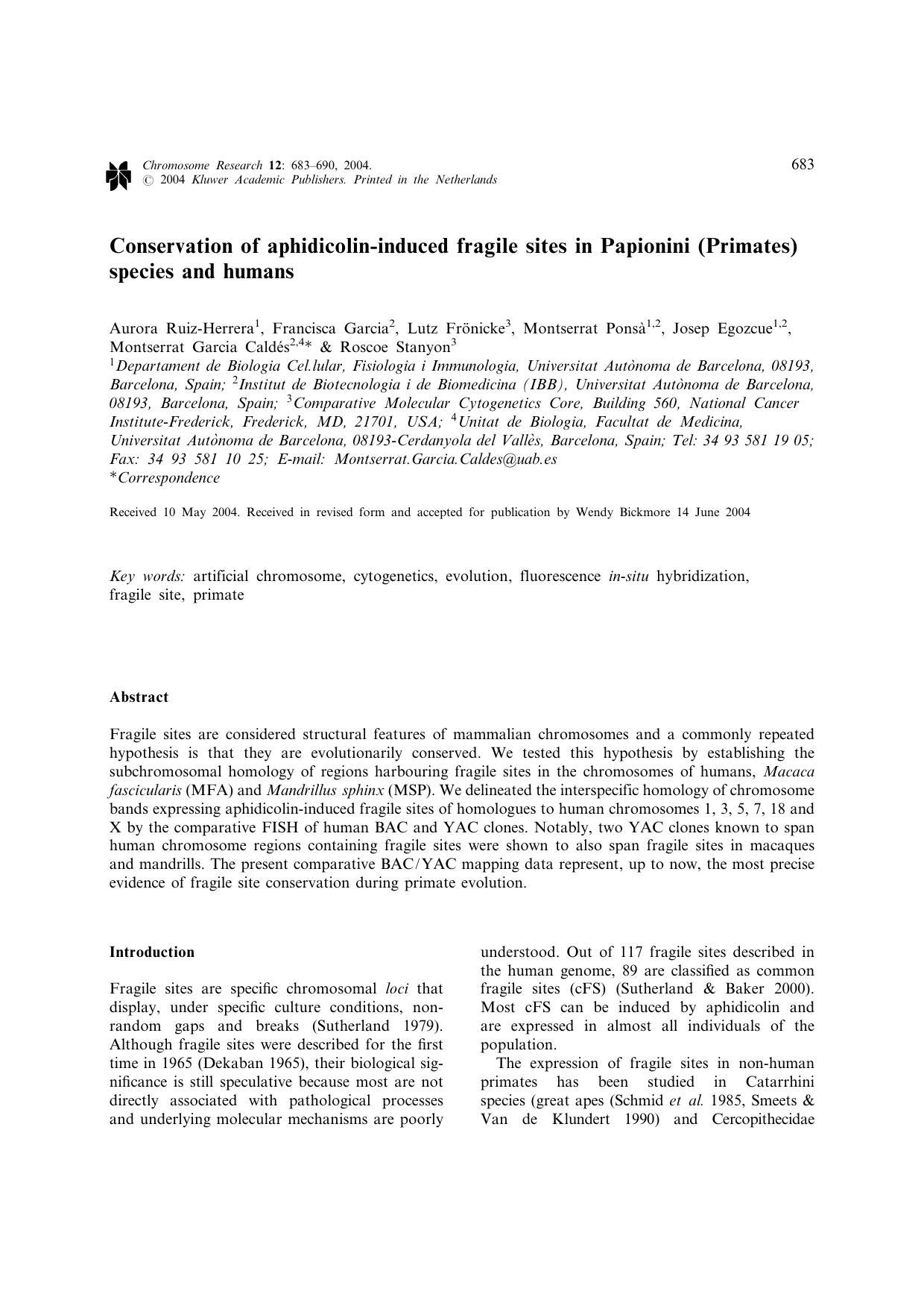 Conservation of aphidicolin-induced fragile sites in Papionini (Primates) species and humans by Unknown
