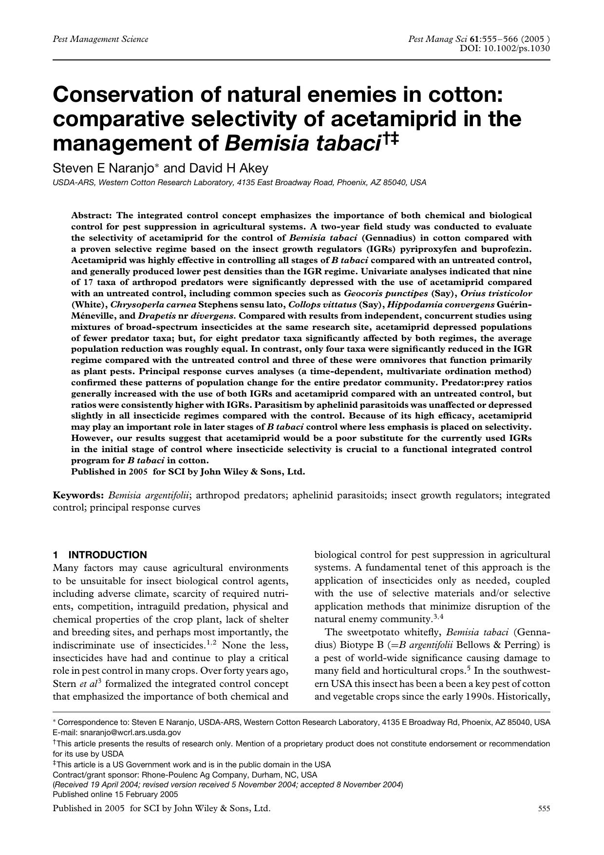 Conservation of natural enemies in cotton: comparative selectivity of acetamiprid in the management of Bemisia tabaci by Unknown