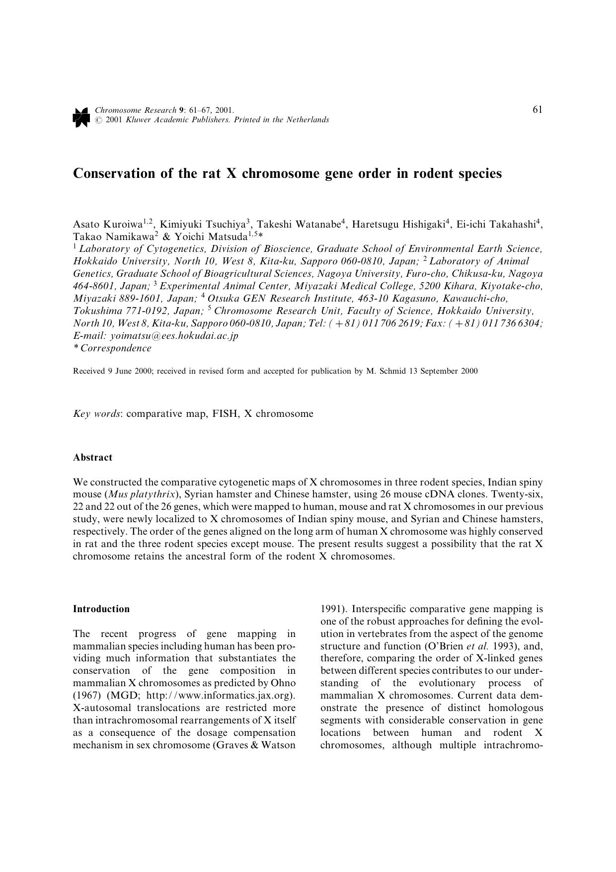 Conservation of the rat X chromosome gene order in rodent species by Unknown
